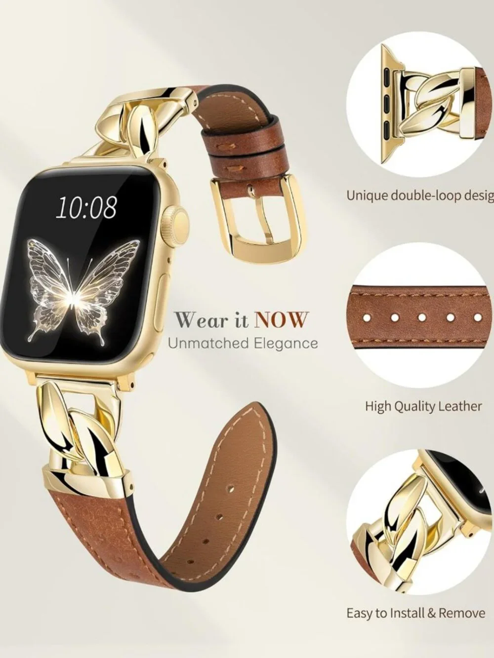 Elegant Genuine Leather Apple Watch Band - Slim Fit, Interlocking Connector